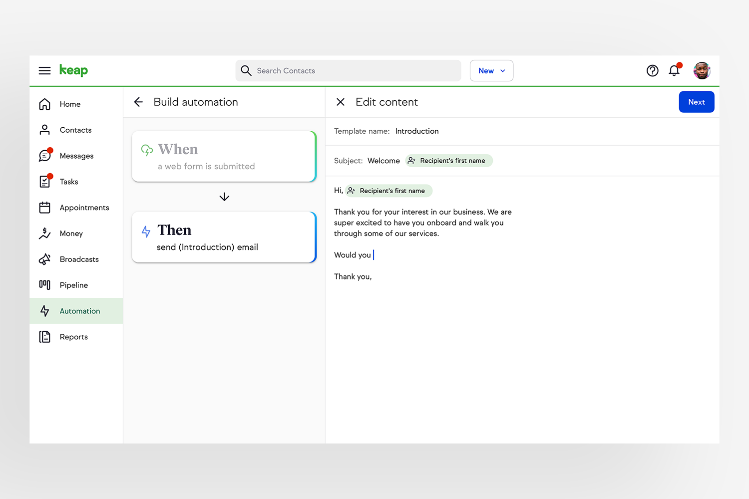 Email configuration in-context within the automation builder