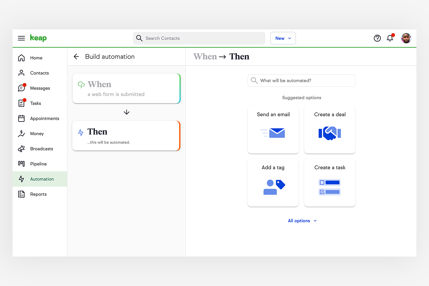 Automation creation flow with side pane and configurable options